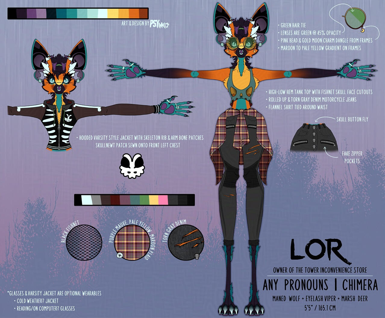 Outfit Reference Sheet for Lor, art & design by PSYinko Only front view of outfit. High-low hem tank top with a fishnet skull pattern, rolled up torn gray denim moto jeans, flannel shirt tied around the waist. Optional: Round glasses and skeleton rib pattern varsity style jacket.